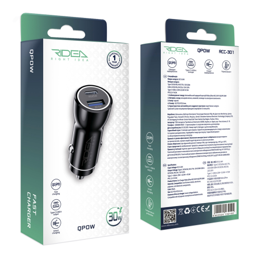 Автомобільний Зарядний Пристрій Ridea RCC-30110 QPow 1USB/1USB-C PD/QC 30W превью 2