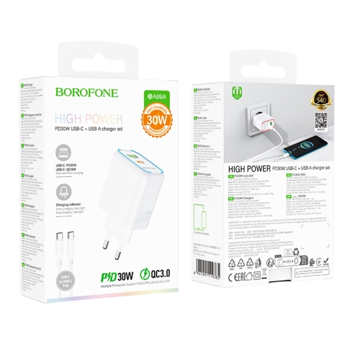 Купить Сетевое Зарядное Устройство Borofone BA89A 1USB-C/1USB PD/QC 30W+Type-C to Type-C, 2