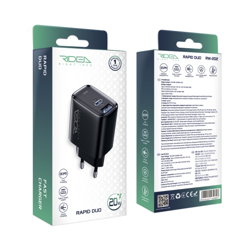 Купити Мережевий Зарядний Пристрій Ridea RW-20220 Rapid Duo 1USB/1USB-C QC/PD 20W, 2