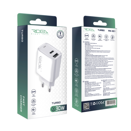 Мережевий Зарядний Пристрій Ridea RW-30120 Turbo 1USB/1USB-C QC/PD 30W превью 2
