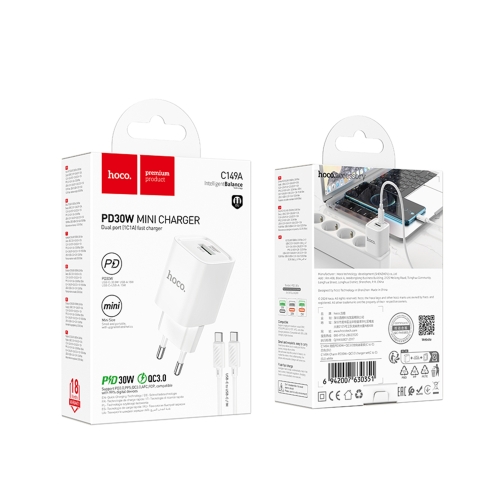 Купити Мережевий Зарядний Пристрій Hoco C149A 1USB/1USB-C PD/QC 30W+Type-C to Type-C, 2