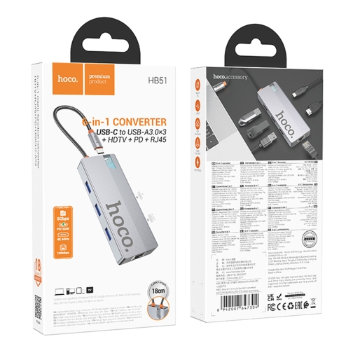 Купить USB Hub Hoco HB51 Type-C 6-in-1 (HDTV+RJ45-100Mbps+PD+USB3.0*3), 2