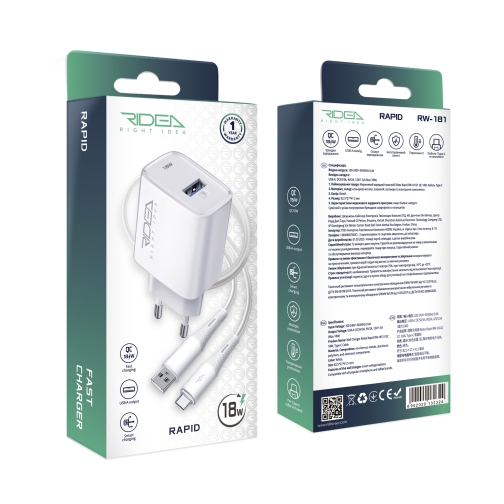 Купить Сетевое Зарядное Устройство Ridea RW-18121 Rapid 1USB QC 18W+Type-C, 2