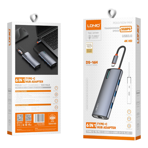 USB Hub LDNIO DS-16H Type-C To PD*1(100W)+HDMI*1(4K@30hz)+USB3.0*3+RJ45*1(1Gbps) превью 2
