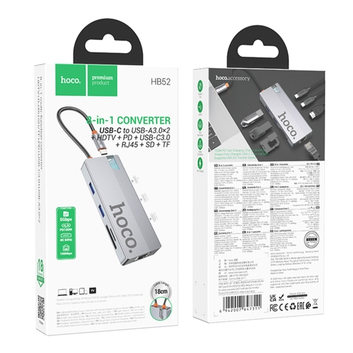 Купити Хаб USB Hoco HB52 Type-C 8-in-1 (HDTV+RJ45-100Mbps+SD/TF+PD+Type-C3.0+USB3.0*2), 2