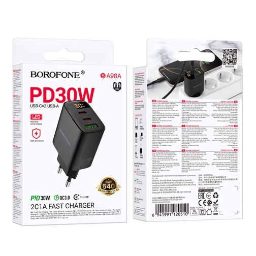 Купити Мережевий Зарядний Пристрій Borofone BA98A 2USB-C/1USB PD/QC 30W Led Display, 2