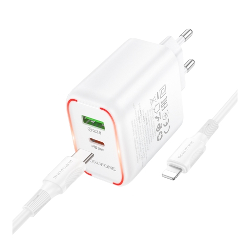 Купить Сетевое Зарядное Устройство Borofone BA89A 1USB-C/1USB PD/QC 30W+Type-C to Lightning, 5