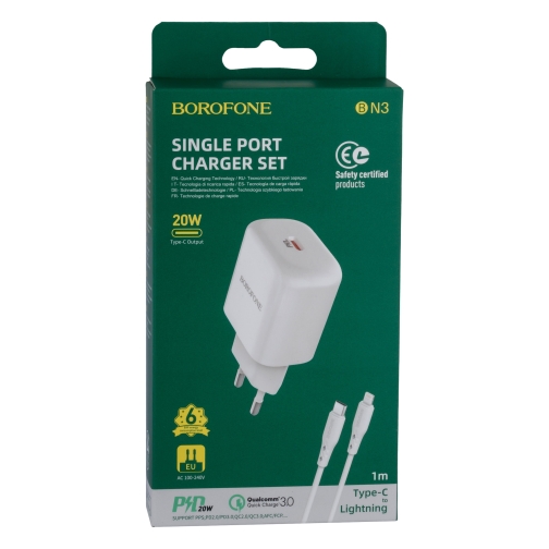 Купити Мережевий Зарядний Пристрій Borofone BN3 Premium PD 20W Type-C to Lightning QC3.0, 4
