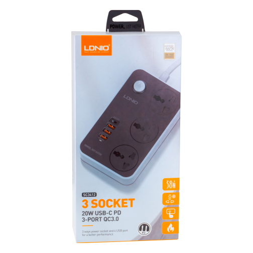 Мережевий Подовжувач LDNIO SC3412 1USB-C PD20W / 3USB-A QC18W Total 38W / 3 Sockets 2m превью 2