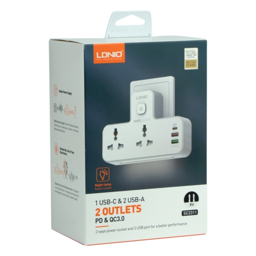 Купить Сетевой Переходник с Ночником LDNIO SC2311 1USB-C / 2USB-A QC/PD20W / 2 Sockets/ Led lamp, 2