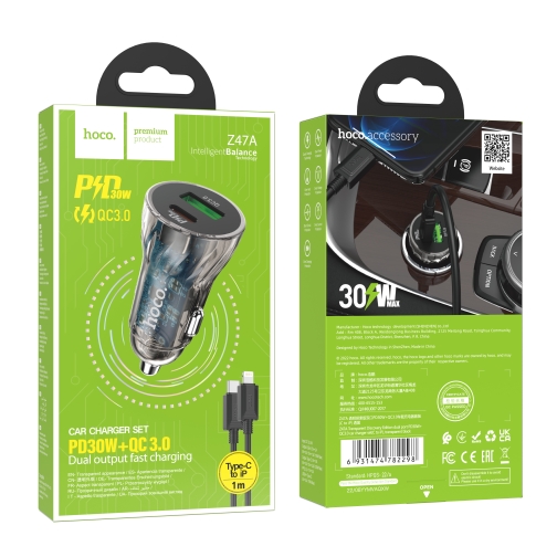 Купить Авто Зарядное Устройство Hoco Z47A Transparent PD30W+QC3.0 Type-C to Lightning