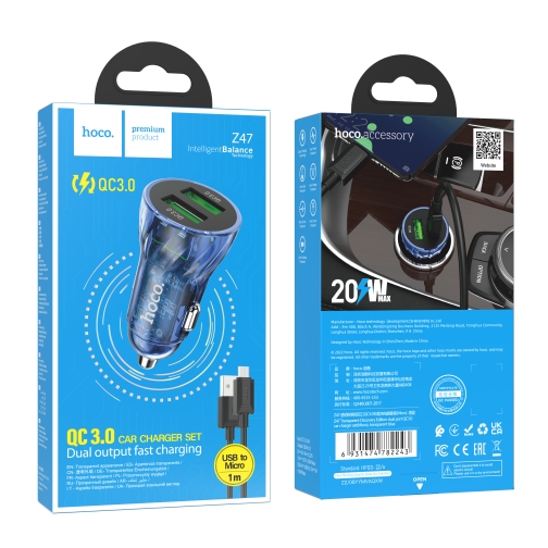 Купити Автомобільний Зарядний Пристрій Hoco Z47 Transparent QC3.0 18W Micro, 2