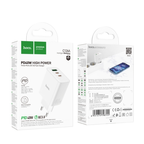 Купить Сетевое Зарядное Устройство Hoco C126A Pure PD+QC 40W(2C1A)