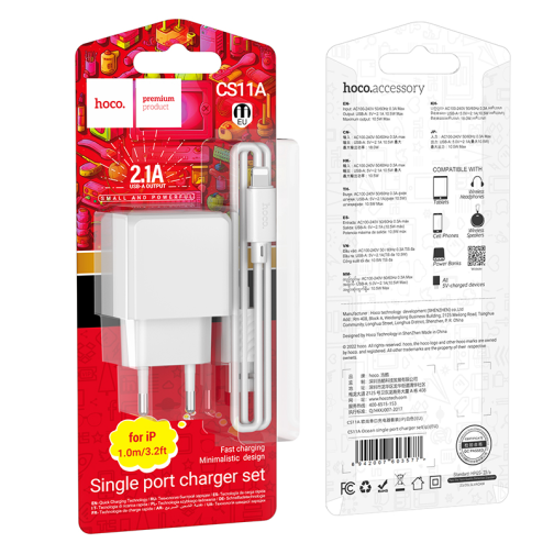 Мережевий Зарядний Пристрій Hoco CS11A 1USB 2.1A+USB to Lightning превью 6