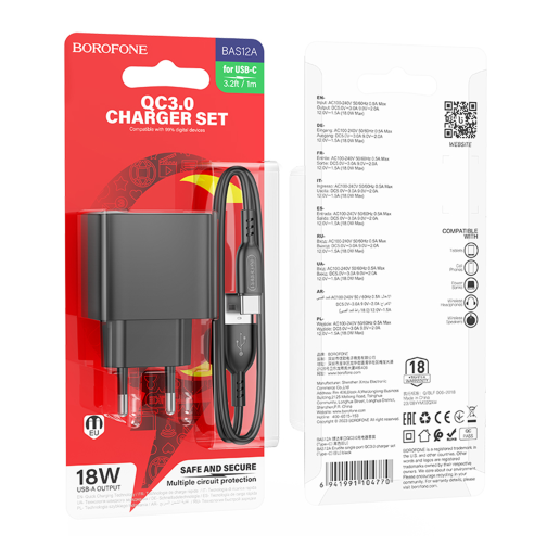 Мережевий Зарядний Пристрій Borofone BAS12A 1USB QC3.0 18W+USB to Type-C превью 2