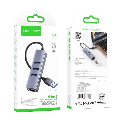 Купити Хаб USB Hoco HB34 Easy link Gigabit Ethernet adapter(USB to USB3.0*3+RJ45) М'ята упаковка