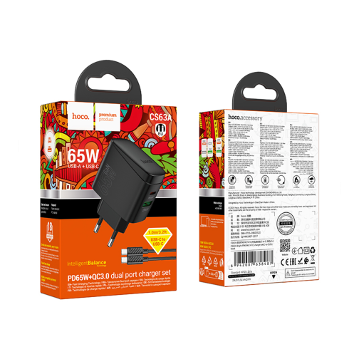 Мережевий Зарядний Пристрій Hoco CS63A 1USB/1USB-C PD65W/QC GAN+Type-C to Type-C превью 2