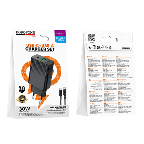 Мережевий Зарядний Пристрій Borofone BAS76A 1USB-C/1USB PD/QC 30W+Type-C to Type-C превью 3