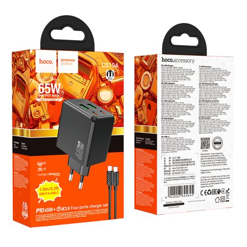 Купить Сетевое Зарядное Устройство Hoco CS19A 2USB-C/2USB PD/QC 65W+Type-C to Type-C, 2