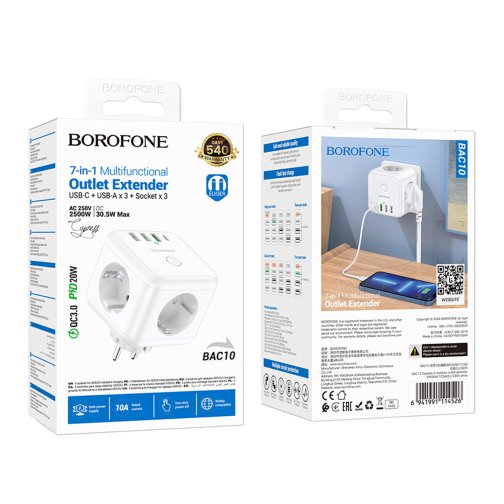 Купить Сетевой Удлинитель Borofone BAC10 (PD20W/1C3A)(EU), 2