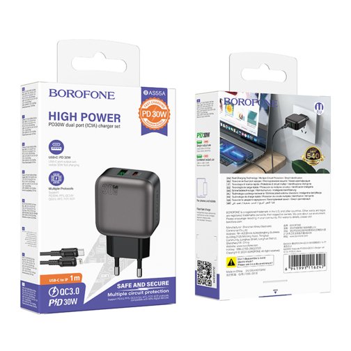 Купити Мережевий Зарядний Пристрій Borofone BAS55A 1USB-C/1USB PD/QC 30W GAN+Type-C to Lightning, 2