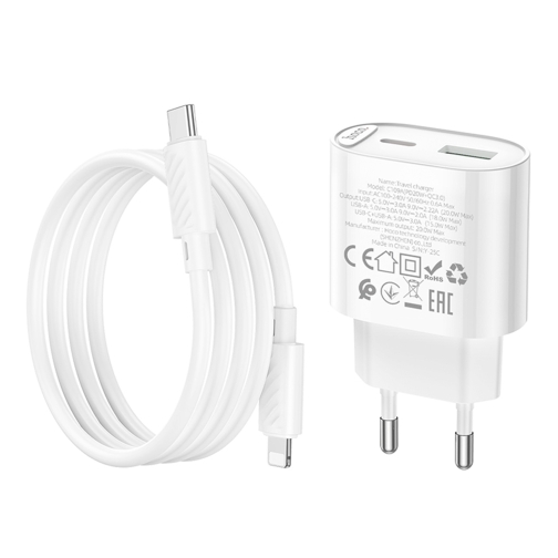 Купить Сетевое Зарядное Устройство Hoco C109A 1USB-C/1USB PD/QC 20W+Type-C to Lightning, 7