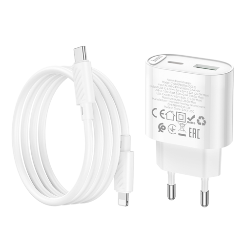 Мережевий Зарядний Пристрій Hoco C109A 1USB-C/1USB PD/QC 20W+Type-C to Lightning превью 7