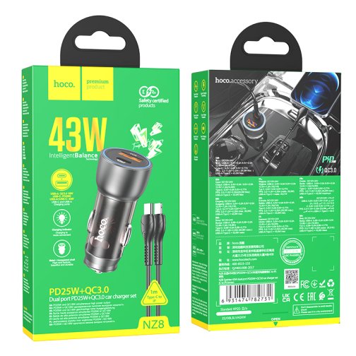 Купить Авто Зарядное Устройство Hoco NZ8 Sprinter 43W PD25W+QC3.0 Type-C to Lightning, 2