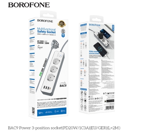 Купить Сетевой Удлинитель Borofone BAC9 (PD20W/1C3A)(EU)(L=2M) Мятая упаковка