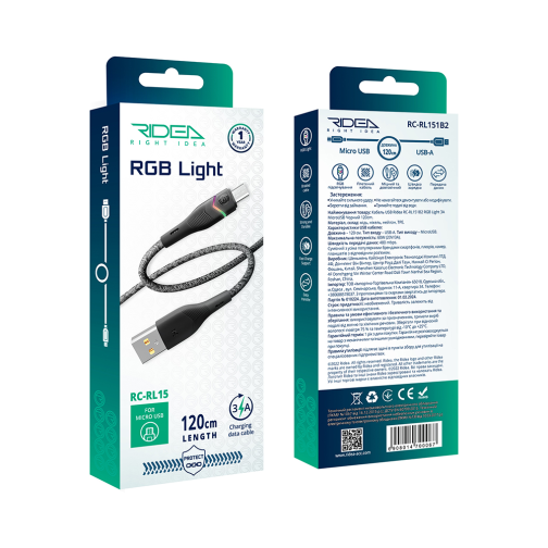 Кабель USB Ridea RC-RL15 RGB Light MicroUSB 3A 1.2m превью 2
