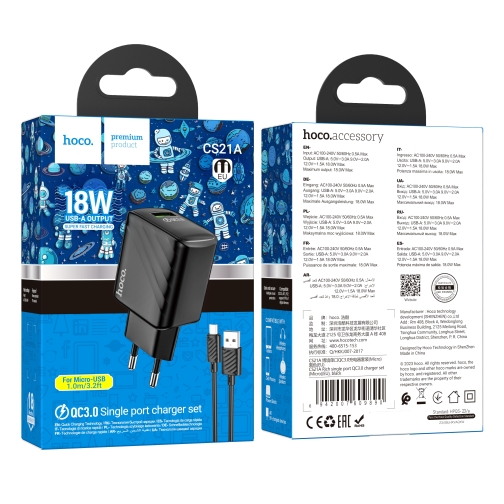 Купити Мережевий Зарядний Пристрій Hoco CS21A 1USB QC 18W+USB to Micro М'ята упаковка