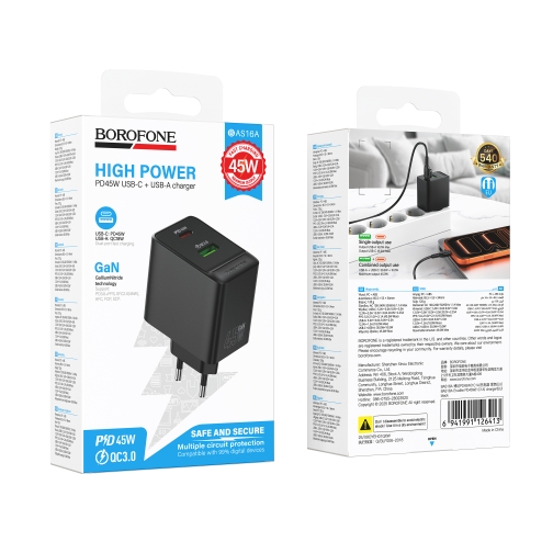 Купити Мережевий Зарядний Пристрій Borofone BAS16A 1USB-C/1USB QC/PD 45W GAN