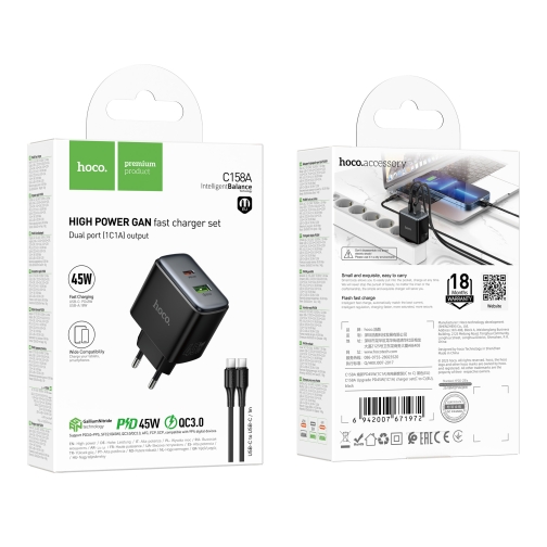 Купить Сетевое Зарядное Устройство Hoco C158A 1USB-C/1USB QC/PD45W GAN+Type-C to Type-C, 2