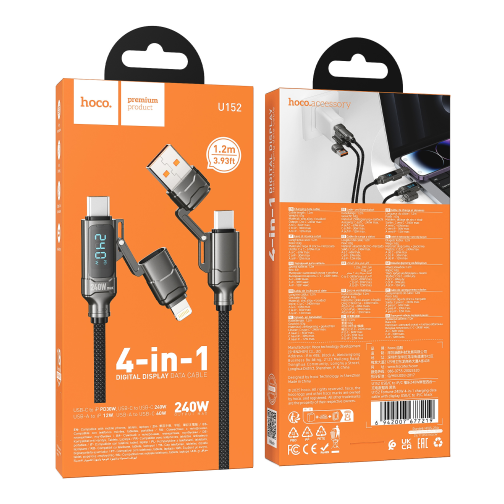 Кабель USB Hoco U152 PD3.1 240W 4-in-1 USB/C to iP/C Led Display 1.2m превью 2