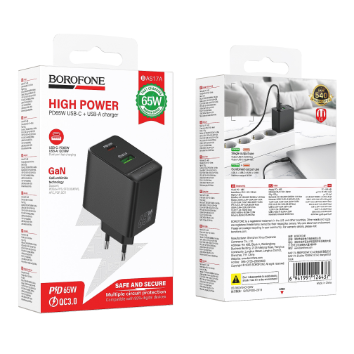 Мережевий Зарядний Пристрій Borofone BAS17A 1USB-C/1USB PD/QC 65W GAN превью 2