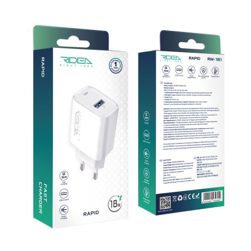 Мережевий Зарядний Пристрій Ridea RW-18120 Rapid 1USB QC 18W превью 2