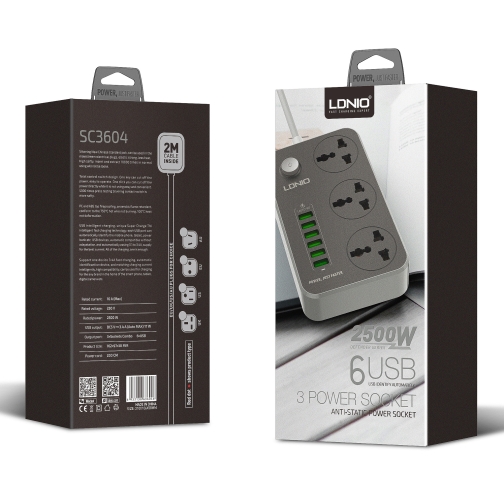 Купити Мережевий Подовжувач LDNIO SC3604 6USB-A / 3 Sockets 2m, 2