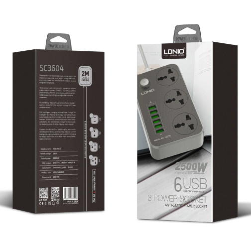 Мережевий Подовжувач LDNIO SC3604 6USB-A / 3 Sockets 2m превью 2