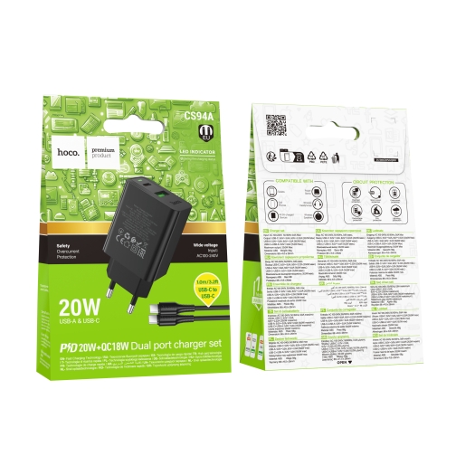 Купити Мережевий Зарядний Пристрій Hoco CS94A 1USB-C/1USB PD/QC 20W+Type-C to Type-C