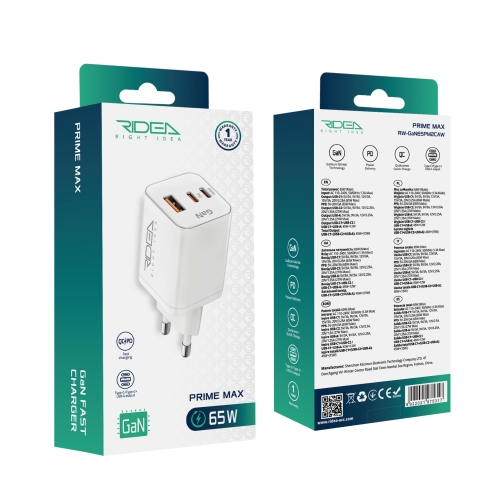 Купити Мережевий Зарядний Пристрій Ridea RW-GaN65PM2CA Prime Max 2Type-C+1USB PD&QC 65W, 2