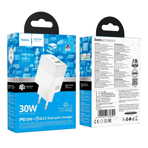 Купить Сетевое Зарядное Устройство Hoco CS112A 1USB/1USB-C QC/PD 30W, 3