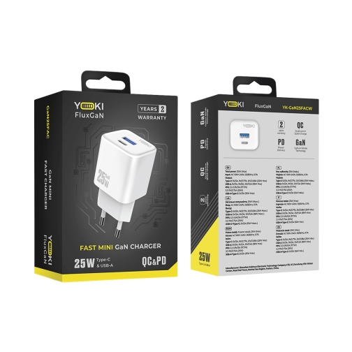 Купити Мережевий Зарядний Пристрій Yoki FluxGaN YK-GaN25FAC 1 Type-C+1USB PD&QC 25W, 2