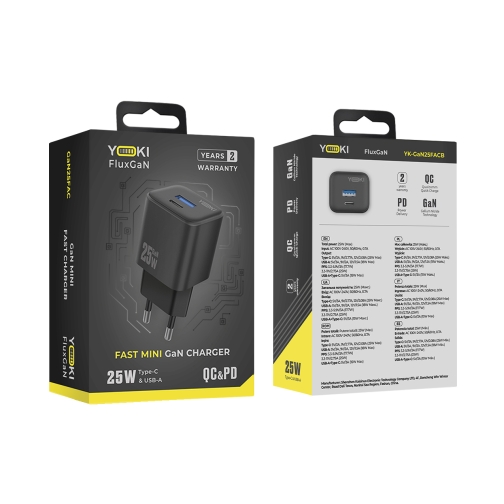 Купити Мережевий Зарядний Пристрій Yoki FluxGaN YK-GaN25FAC 1 Type-C+1USB PD&QC 25W, 3