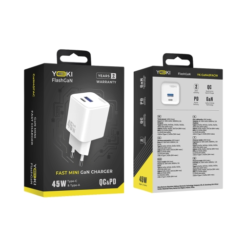 Купить Сетевое Зарядное Устройство Yoki FlashGaN YK-GaN45FAC 1 Type-C+1USB 45W, 2