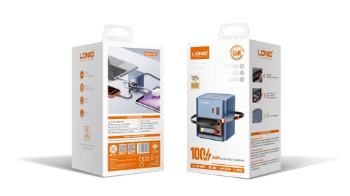 Купити Мережевий Зарядний Пристрій LDNIO Q16 1USB-A/1USB-C GAN 100W+Type-C/IP 0.8m, 2