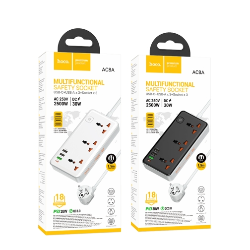 Купити Мережевий Подовжувач Hoco AC8A 1USB-C / 3USB-A QC/PPS/PD30W / 3 Sockets 1.5m
