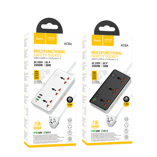 Мережевий Подовжувач Hoco AC8A 1USB-C / 3USB-A QC/PPS/PD30W / 3 Sockets 1.5m