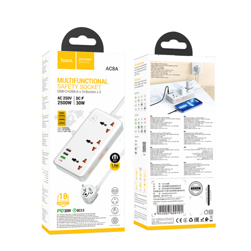 Мережевий Подовжувач Hoco AC8A 1USB-C / 3USB-A QC/PPS/PD30W / 3 Sockets 1.5m превью 2