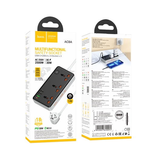 Купити Мережевий Подовжувач Hoco AC8A 1USB-C / 3USB-A QC/PPS/PD30W / 3 Sockets 1.5m, 3