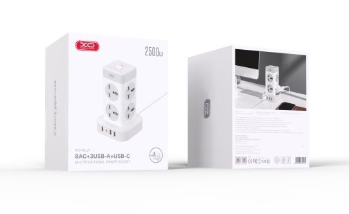 Купити Мережевий Подовжувач XO WL21 Tower Shaped 8AC socket+3USB-A+1USB-C 2m